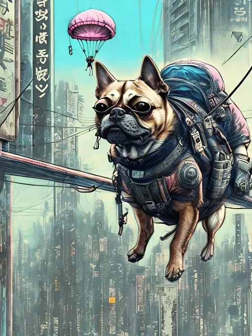 Prompt: chalk pastel style of a  detailed dog parachuting in cyberpunk japan, sketch, detailed background, highres, fun atmosphere, natural lighting,  abstract, fun