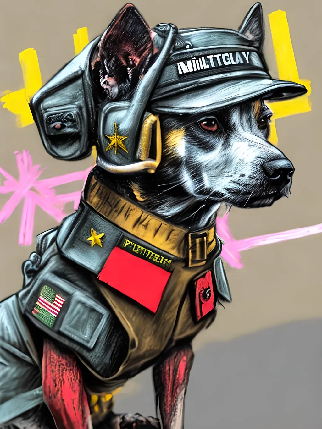 Prompt: pop art chalk pastel art of detailed dog wearing military uniforms<mymodel> playing in the streets in cyberpunk japan during a festival, sketch, detailed background, highres, fun atmosphere, natural lighting,  abstract, fun