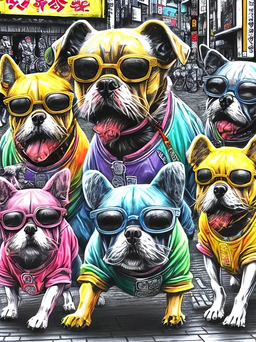 Prompt: pop art chalk pastel art of detailed dogs wearing gangster clothes playing in the streets in japan during a festival, sketch, detailed background, highres, fun atmosphere, natural lighting,  abstract, fun