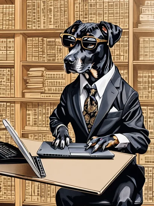 Prompt: all black mountain cur dog dressed as yakuza working on a laptop in an office