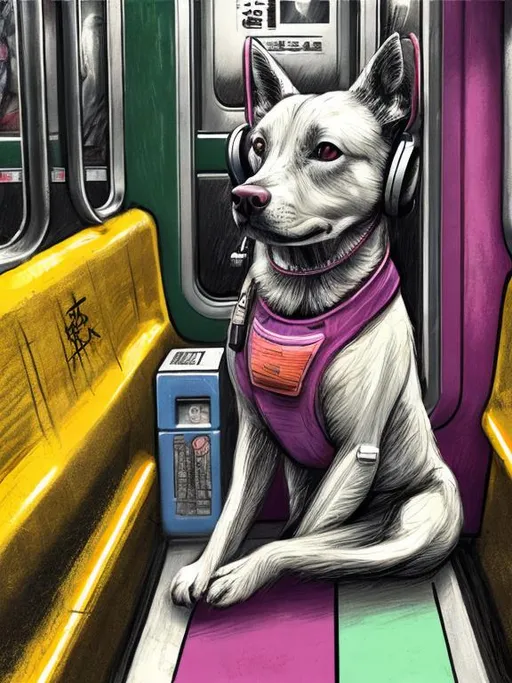 Prompt: pop art chalk pastel art of a detailed dog listening to music on the subway train in cyberpunk japan, sketch, detailed background, highres, fun atmosphere, natural lighting,  abstract, fun