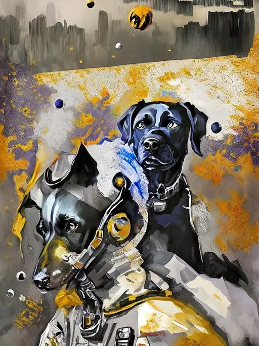 Prompt: Surrealism black dogs in cowboy outfits in space, abstract art style, cowboy hat, eerie atmosphere, floating celestial bodies, mysterious nebulae, dreamlike, surreal, high contrast, otherworldly, abstract, space, astronaut, fun atmosphere, celestial bodies, dreamlike, surreal, high contrast, mysterious, nebulae, dogs