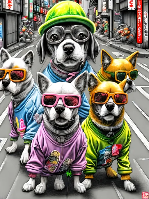 Prompt: pop art chalk pastel art of detailed dogs wearing gangster clothes playing in the streets in japan during a festival, sketch, detailed background, highres, fun atmosphere, natural lighting,  abstract, fun