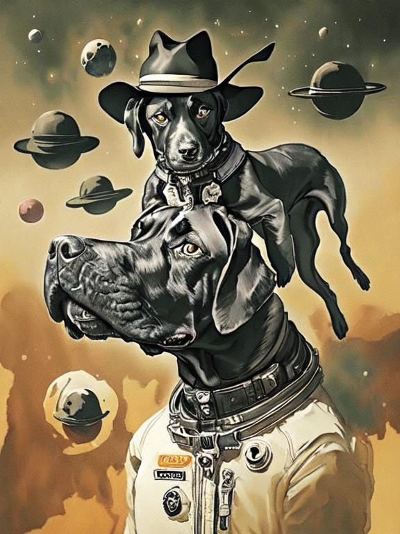 Prompt: Surrealism black dogs in cowboy outfits in space, abstract art style, cowboy hat, eerie atmosphere, floating celestial bodies, mysterious nebulae, dreamlike, surreal, high contrast, otherworldly, abstract, space, astronaut, eerie atmosphere, celestial bodies, dreamlike, surreal, high contrast, mysterious, nebulae, dogs