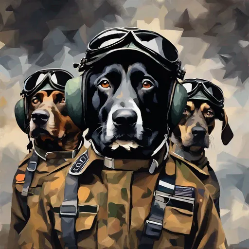 Prompt: mountain cur black dogs in pilots uniform abstract art