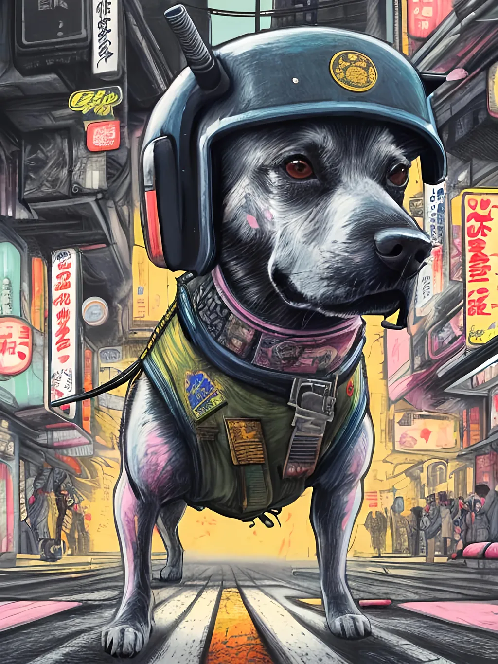 Prompt: pop art chalk pastel art of a detailed dog wearing a pilot uniform playing in the streets in cyberpunk japan during a festival, sketch, detailed background, highres, fun atmosphere, natural lighting,  abstract, fun