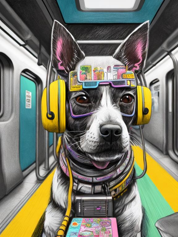 Prompt: pop art chalk pastel art of a detailed dog listening to music on the subway train in cyberpunk japan, sketch, detailed background, highres, fun atmosphere, natural lighting,  abstract, fun