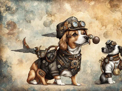Prompt: steampunk dogs dressed in pilot clothes