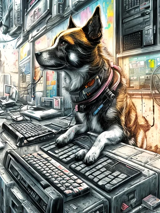 Prompt: pop art chalk pastel art of detailed dog hacking computers in post apocalyptic Japan, sketch, detailed background, highres, fun atmosphere, natural lighting,  abstract, fun