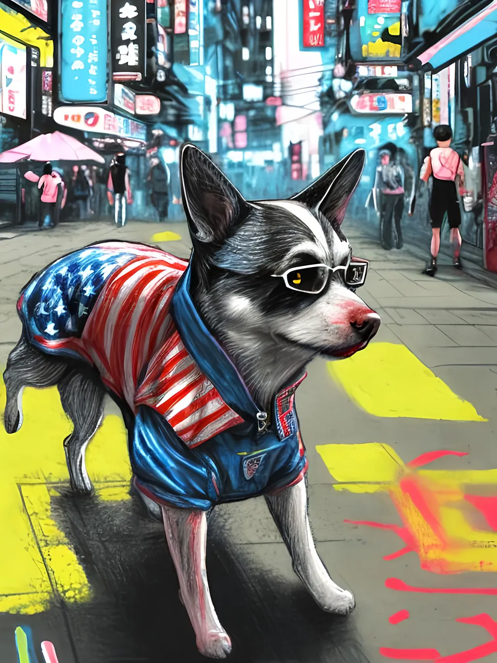 Prompt: pop art chalk pastel art of detailed dog wearing USA clothes playing in the streets in cyberpunk japan during a festival, sketch, detailed background, highres, fun atmosphere, natural lighting,  abstract, fun