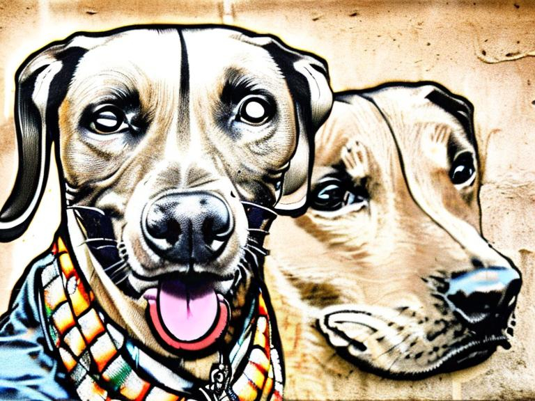 Prompt: mountain cur black dogs in gangster rappers clothing graffiti