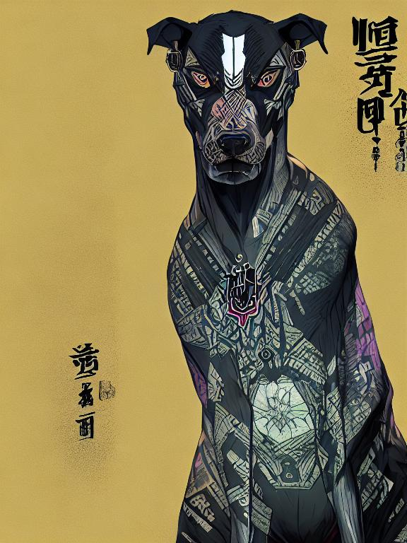 Prompt: all black mountain cur dog dressed as yakuza DJing