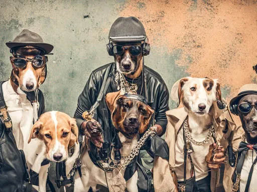 Prompt: black mountain cur dogs rap album dressed as gangsters in recording studio