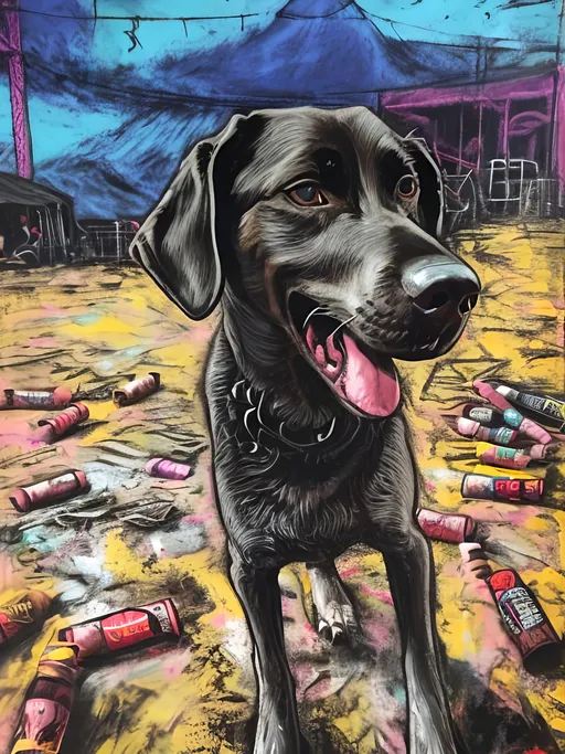 Prompt: Detailed mountain cur all black dog at a circus, festival, pop art chalk pastel, grunge, highres, abstract, natural lighting, lively atmosphere, fun, vibrant, happy-go-lucky, detailed dogs, detailed eyes, detailed fur, festive, flying, post-apocalyptic, Japan, chalk pastel, detailed background, grunge style, abstract art, high quality, natural lighting