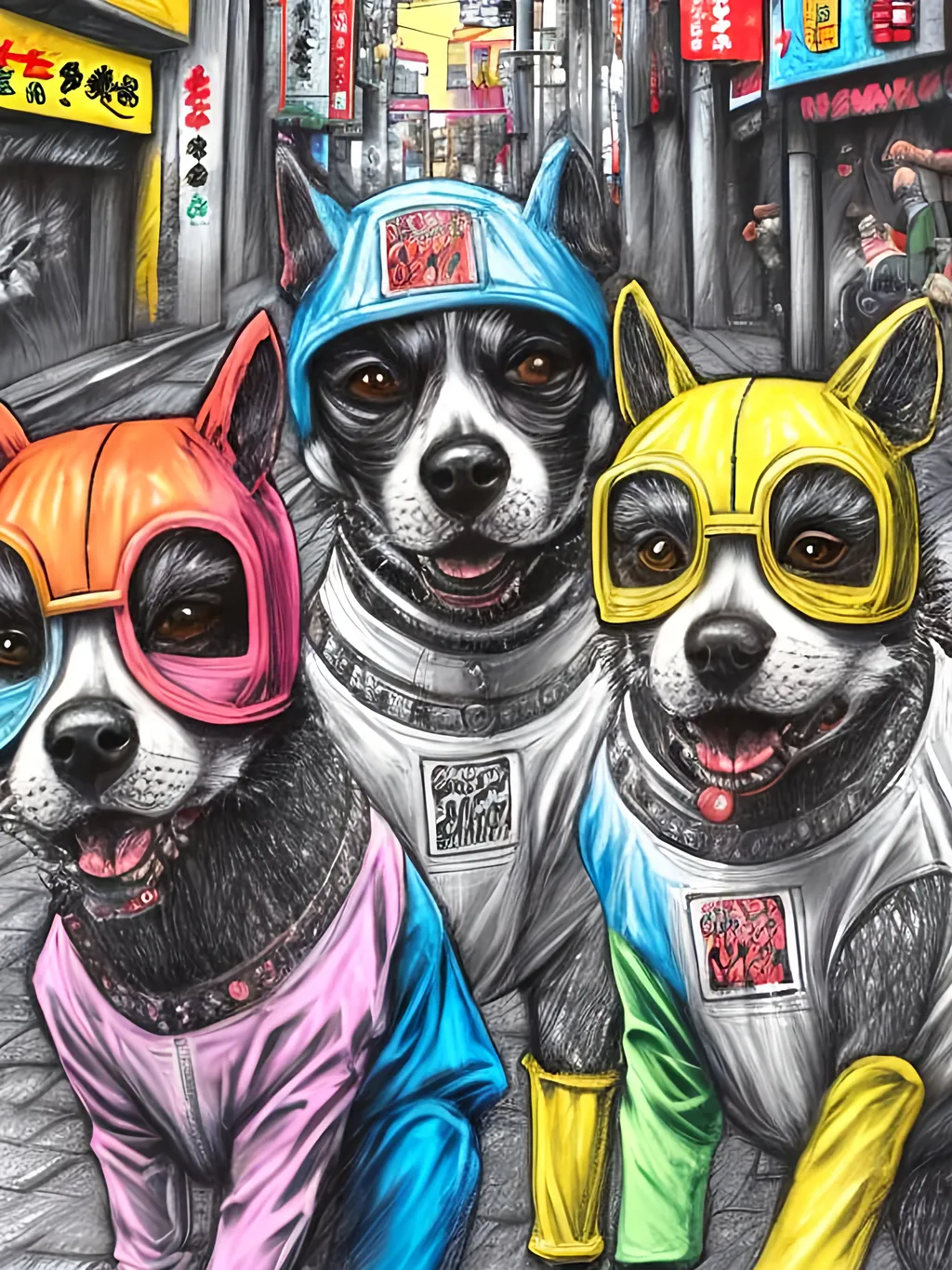 Prompt: pop art chalk pastel art of detailed dogs wearing gangster clothes playing in the streets in japan during a festival, sketch, detailed background, highres, fun atmosphere, natural lighting,  abstract, fun