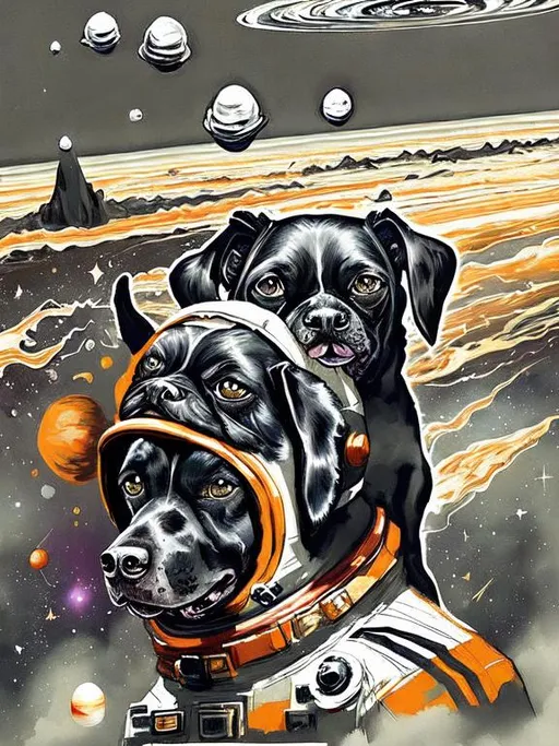 Prompt: Surrealism black dogs in trump outfits in space, abstract art style, cowboy hat, fun atmosphere, floating celestial bodies, mysterious nebulae, dreamlike, surreal, high contrast, otherworldly, abstract, space, astronaut, fun atmosphere, celestial bodies, dreamlike, surreal, high contrast, mysterious, nebulae, dogs, usa