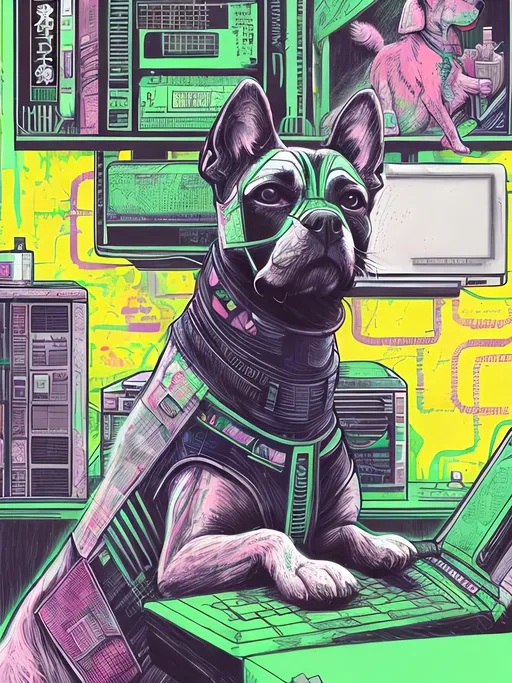 Prompt: pop art chalk pastel art of detailed dog hacking computers in cyberpunk japan, sketch, detailed background, highres, fun atmosphere, natural lighting,  abstract, fun