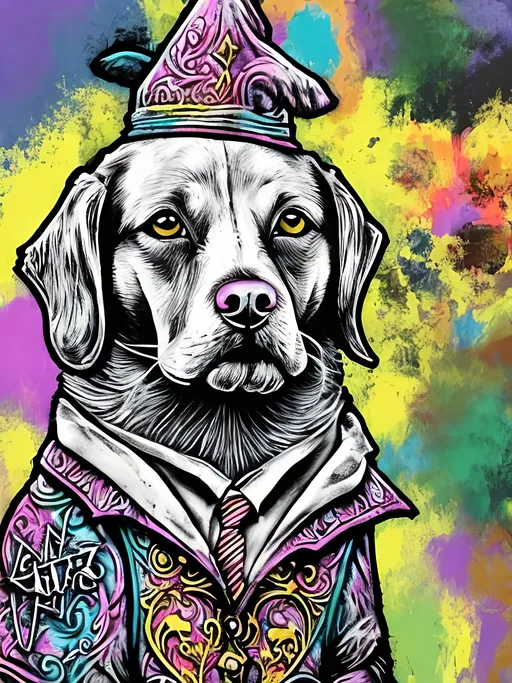 Prompt: pop art chalk pastel style art of detailed dog at hogwarts dressed in wizard robes, sketch, detailed background, highres, fun atmosphere, natural lighting,  abstract, fun