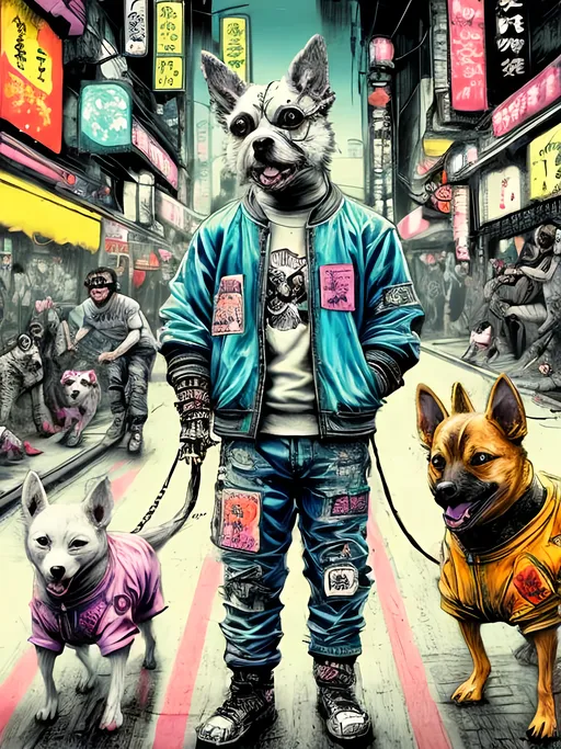 Prompt: pop art chalk pastel art of detailed dogs wearing gangster clothes playing in the streets in cyberpunk japan during a festival, sketch, detailed background, highres, fun atmosphere, natural lighting,  abstract, fun
