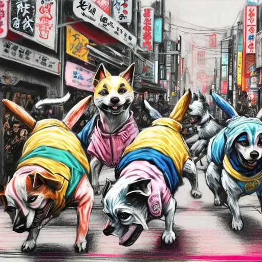 Prompt: pop art chalk pastel art of detailed dogs wearing gangster clothes playing in the streets in japan during a festival, sketch, detailed background, highres, fun atmosphere, natural lighting,  abstract, fun