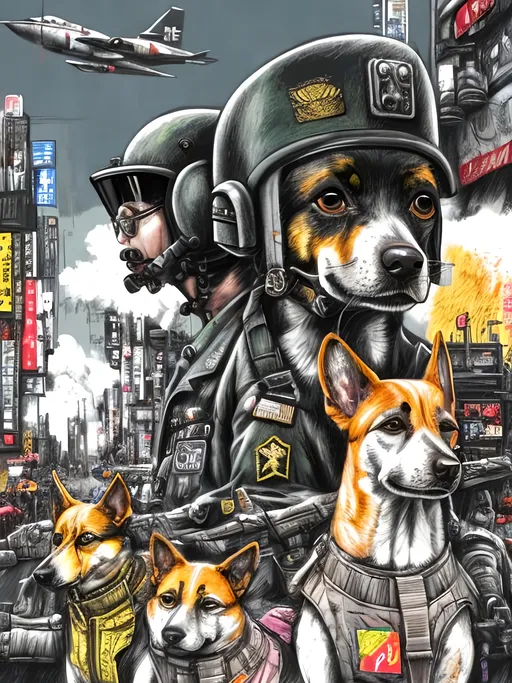 Prompt: pop art chalk pastel art of a detailed dogs wearing military uniforms on the streets in cyberpunk japan during a festival with planes in the background, sketch, detailed background, highres, fun atmosphere, natural lighting,  abstract, fun