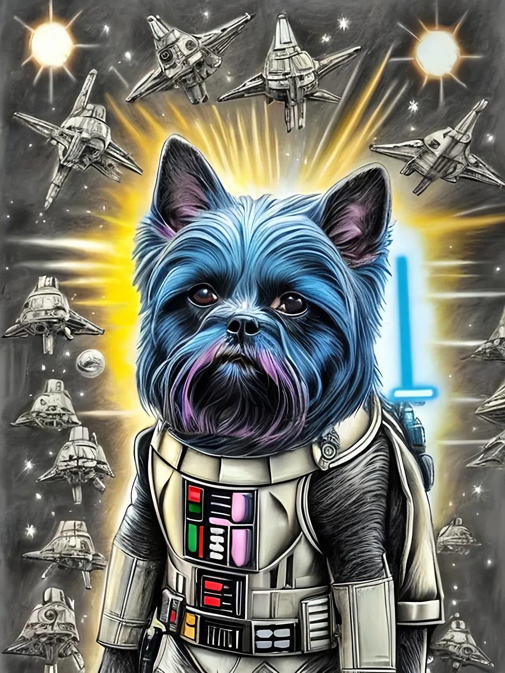 Prompt: pop art chalk pastel style art of detailed dog in star wars, sketch, detailed background, highres, fun atmosphere, natural lighting,  abstract, fun