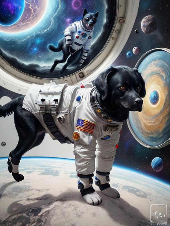 Prompt: Surrealism art, black dogs in astronaut outfits, space background, surrealistic, abstract, detailed fur, cosmic colors, dreamlike atmosphere, high quality, surrealism, astronaut dogs, abstract art, cosmic, detailed, surreal colors, space setting, dreamy lighting