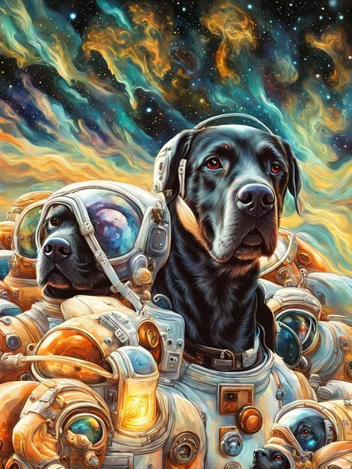 Prompt: Surrealism art, black dogs in astronaut outfits, space background, surrealistic, abstract, detailed fur, cosmic colors, dreamlike atmosphere, high quality, surrealism, astronaut dogs, abstract art, cosmic, detailed, surreal colors, space setting, dreamy lighting