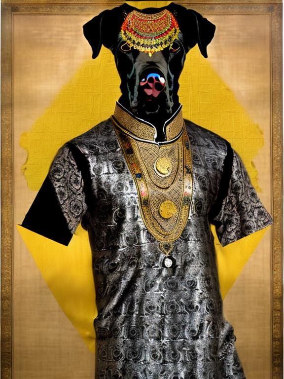 Prompt: black dog in persian clothing Dadaism style art