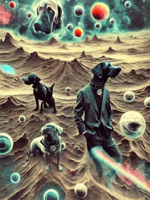 Prompt: Surrealism black dogs in gangster outfits in space, abstract art style, cowboy hat, fun atmosphere, floating celestial bodies, mysterious nebulae, dreamlike, surreal, high contrast, otherworldly, abstract, space, astronaut, fun atmosphere, celestial bodies, dreamlike, surreal, high contrast, mysterious, nebulae, dogs, usa, patriotic, trump