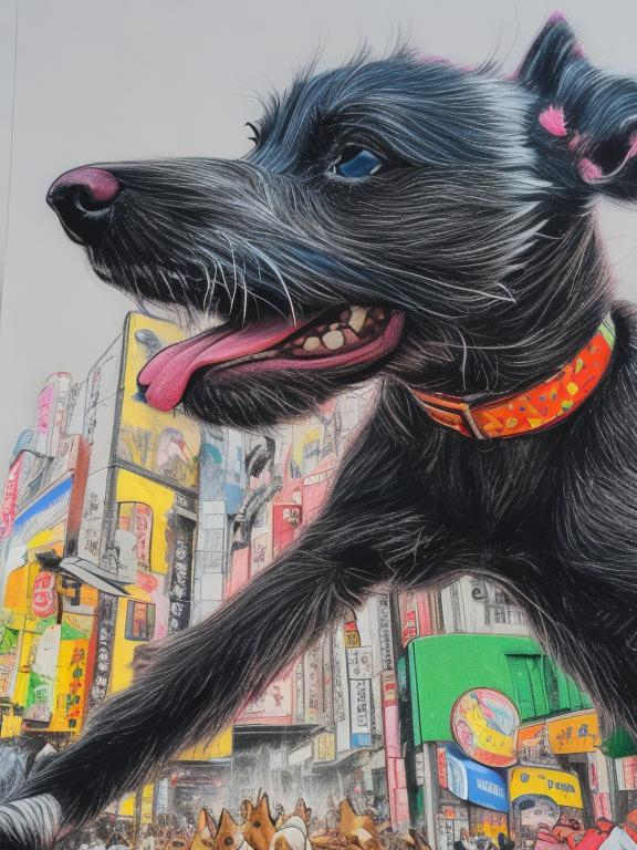 Prompt: pop art chalk pastel art of detailed dogs wearing clothes playing in the streets in japan during a festival, sketch, detailed background, highres, fun atmosphere, natural lighting,  abstract, fun