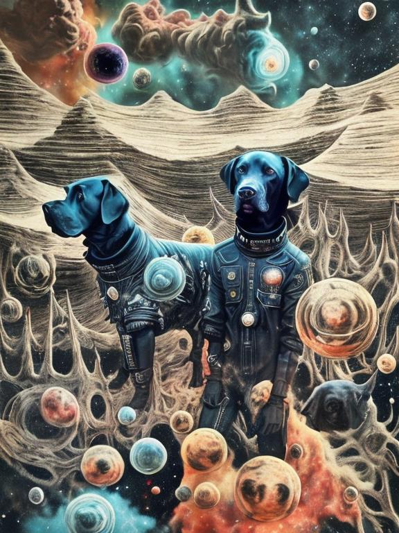 Prompt: Surrealism black dogs in gangster outfits in space, abstract art style, cowboy hat, fun atmosphere, floating celestial bodies, mysterious nebulae, dreamlike, surreal, high contrast, otherworldly, abstract, space, astronaut, fun atmosphere, celestial bodies, dreamlike, surreal, high contrast, mysterious, nebulae, dogs, usa, patriotic, trump