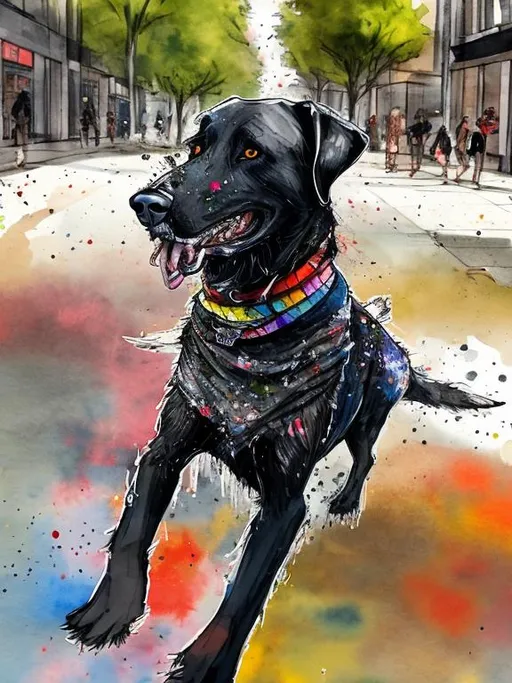 Prompt: a black dog wearing clothes having fun in the streets, water color, sketch, detailed background, highres