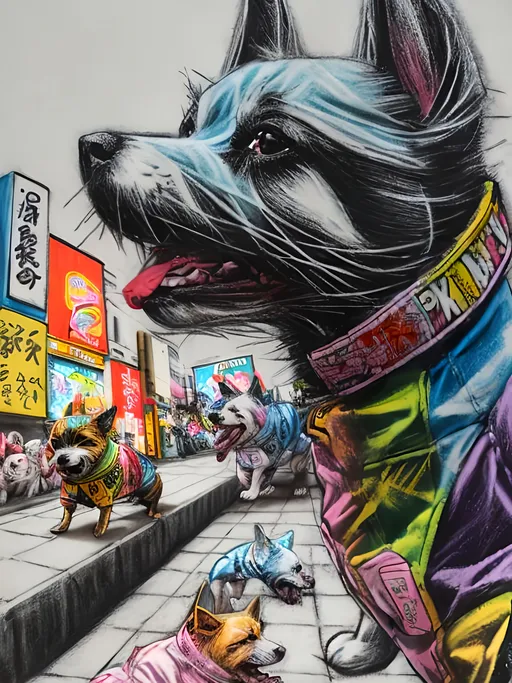 Prompt: pop art chalk pastel art of detailed dogs wearing gangster clothes playing in the streets in japan during a festival, sketch, detailed background, highres, fun atmosphere, natural lighting,  abstract, fun