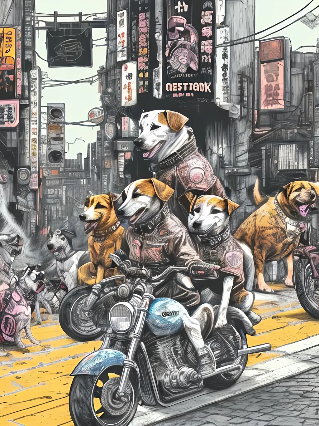 Prompt: pop art chalk pastel art of detailed dogs wearing biker gang clothes playing in the streets in cyberpunk japan during a festival, sketch, detailed background, highres, fun atmosphere, natural lighting,  abstract, fun