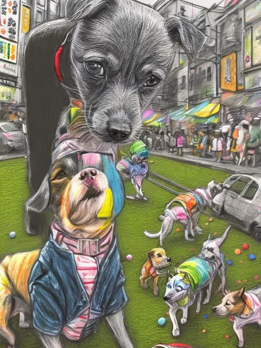 Prompt: pop art chalk pastel art of detailed dogs wearing clothes playing in the streets in japan during a festival, sketch, detailed background, highres, fun atmosphere, natural lighting,  abstract, fun