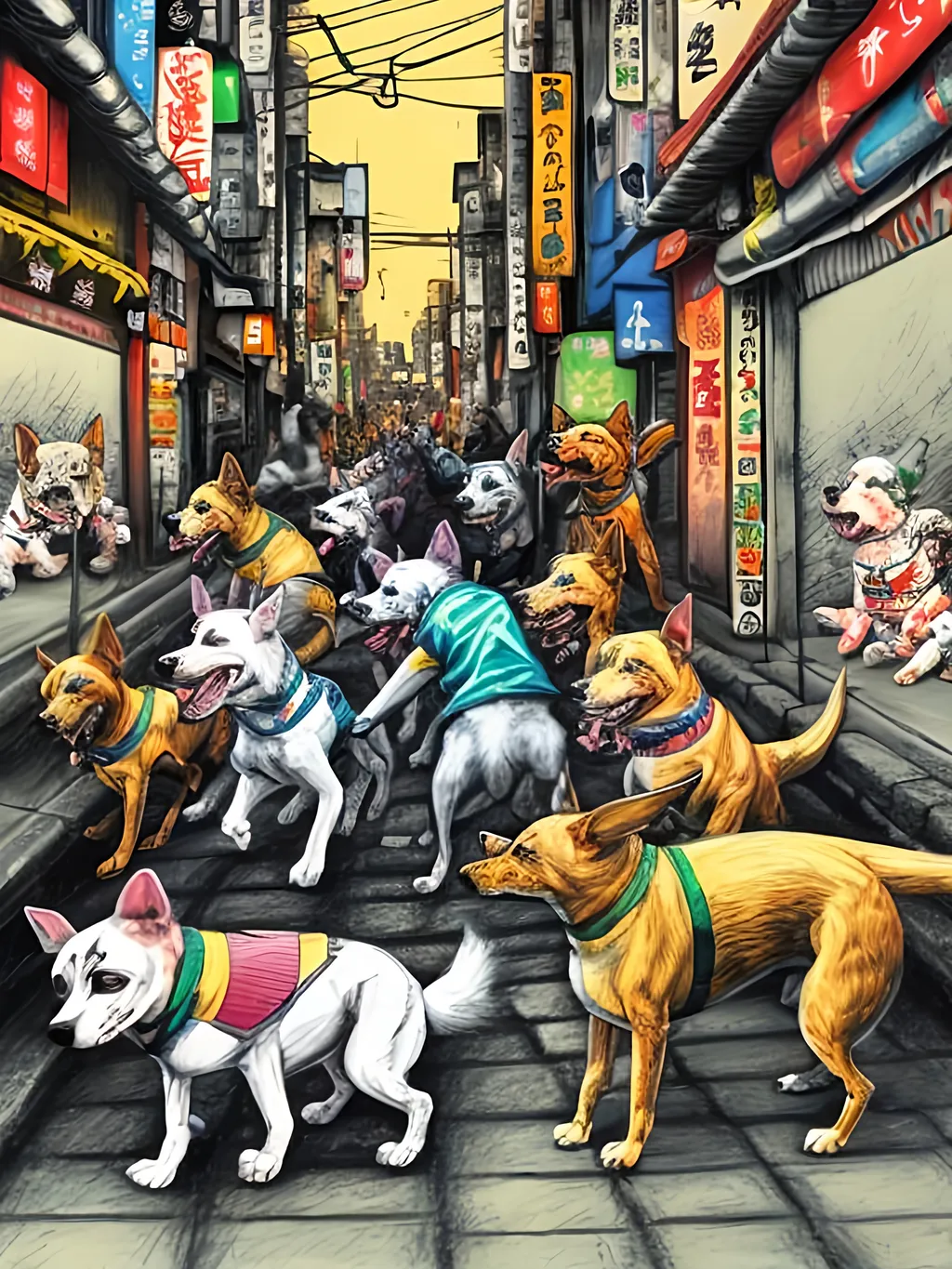 Prompt: pop art chalk pastel art of detailed dogs wearing gangster clothes playing in the streets in japan during a festival, sketch, detailed background, highres, fun atmosphere, natural lighting,  abstract, fun