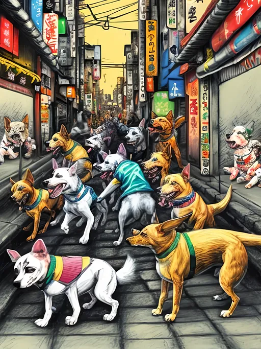 Prompt: pop art chalk pastel art of detailed dogs wearing gangster clothes playing in the streets in japan during a festival, sketch, detailed background, highres, fun atmosphere, natural lighting,  abstract, fun