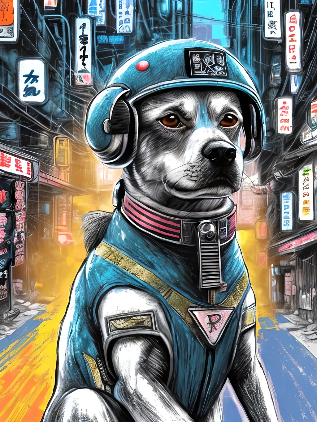 Prompt: pop art chalk pastel art of a detailed dog wearing a pilot uniform playing in the streets in cyberpunk japan during a festival, sketch, detailed background, highres, fun atmosphere, natural lighting,  abstract, fun