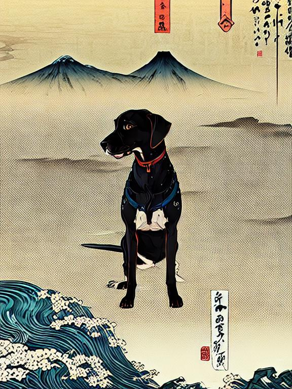 Prompt: black mountain cur dogs pooping in hiroshige wave 