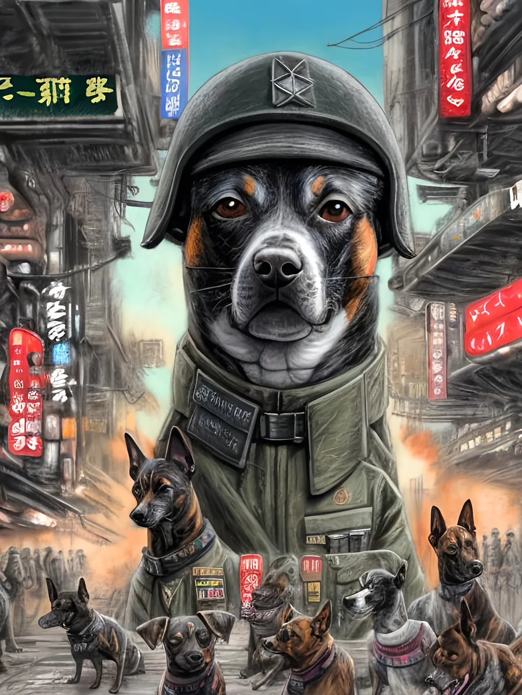 Prompt: chalk pastel art of a detailed dogs wearing military uniforms on the streets in cyberpunk japan during a festival with planes in the background, sketch, detailed background, highres, fun atmosphere, natural lighting,  abstract, fun