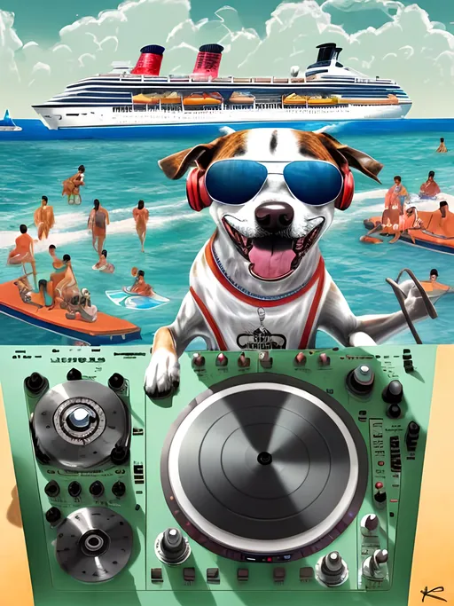 Prompt: chalk pastel style of a  detailed dog DJing on a cruise in Cancun, sketch, detailed background, highres, fun atmosphere, natural lighting,  abstract, fun