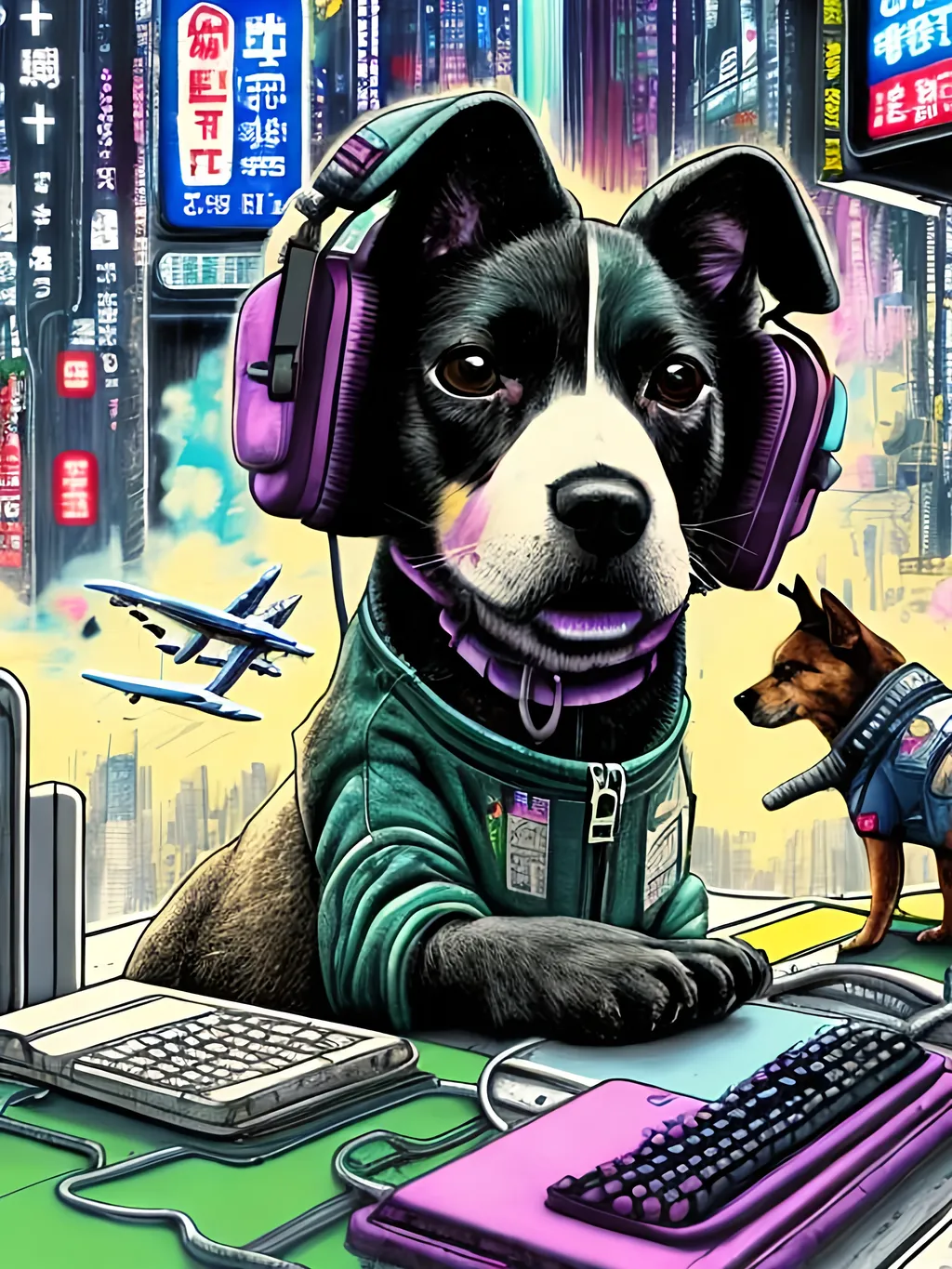 Prompt: pop art chalk pastel art of a detailed dog hacking a computer on the subway train in cyberpunk japan with planes in the background, sketch, detailed background, highres, fun atmosphere, natural lighting,  abstract, fun