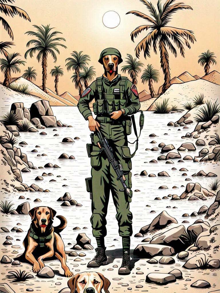 Prompt: black mountain cur dog in military gear in egypt 90s poster