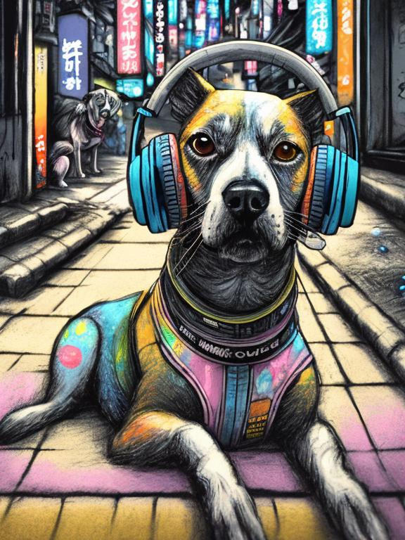 Prompt: pop art chalk pastel art of a detailed dog listening to music on the streets in cyberpunk japan during a festival, sketch, detailed background, highres, fun atmosphere, natural lighting,  abstract, fun