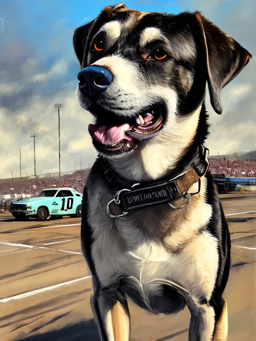 Prompt: Detailed mountain cur all black dog at a nascar race, pop art chalk pastel, grunge, highres, abstract, natural lighting, lively atmosphere, fun, vibrant, happy-go-lucky, detailed dogs, detailed eyes, detailed fur, festive, flying, post-apocalyptic, Japan, chalk pastel, detailed background, grunge style, abstract art, high quality, natural lighting