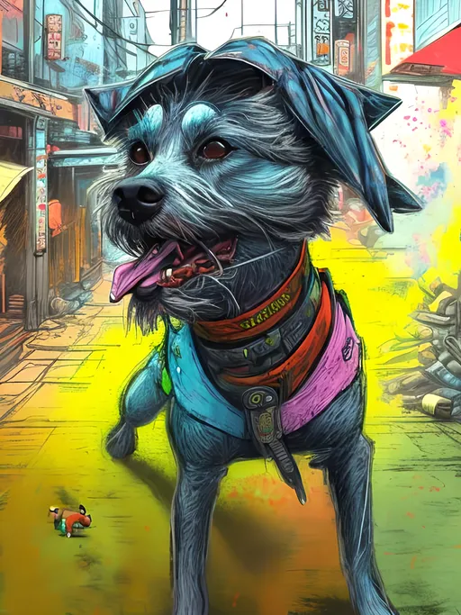 Prompt: pop art chalk pastel art of detailed dogs wearing ninja clothes playing in the streets in cyberpunk japan during a festival, sketch, detailed background, highres, fun atmosphere, natural lighting,  abstract, fun