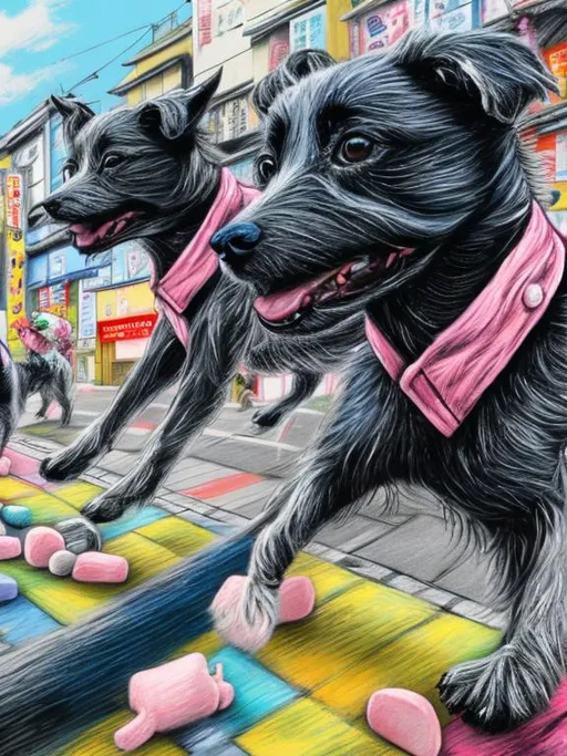 Prompt: pop art chalk pastel art of detailed dogs wearing clothes playing in the streets in japan during a festival, sketch, detailed background, highres, fun atmosphere, natural lighting,  abstract, fun