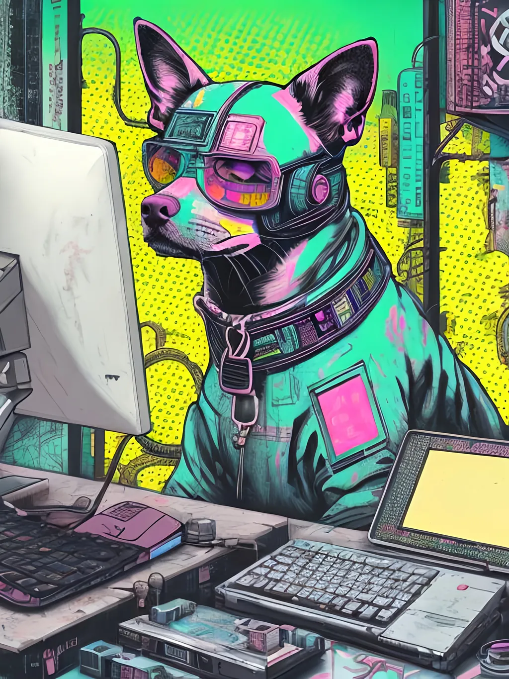 Prompt: pop art chalk pastel art of detailed dog hacking computers in cyberpunk japan, sketch, detailed background, highres, fun atmosphere, natural lighting,  abstract, fun