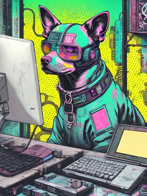 Prompt: pop art chalk pastel art of detailed dog hacking computers in cyberpunk japan, sketch, detailed background, highres, fun atmosphere, natural lighting,  abstract, fun